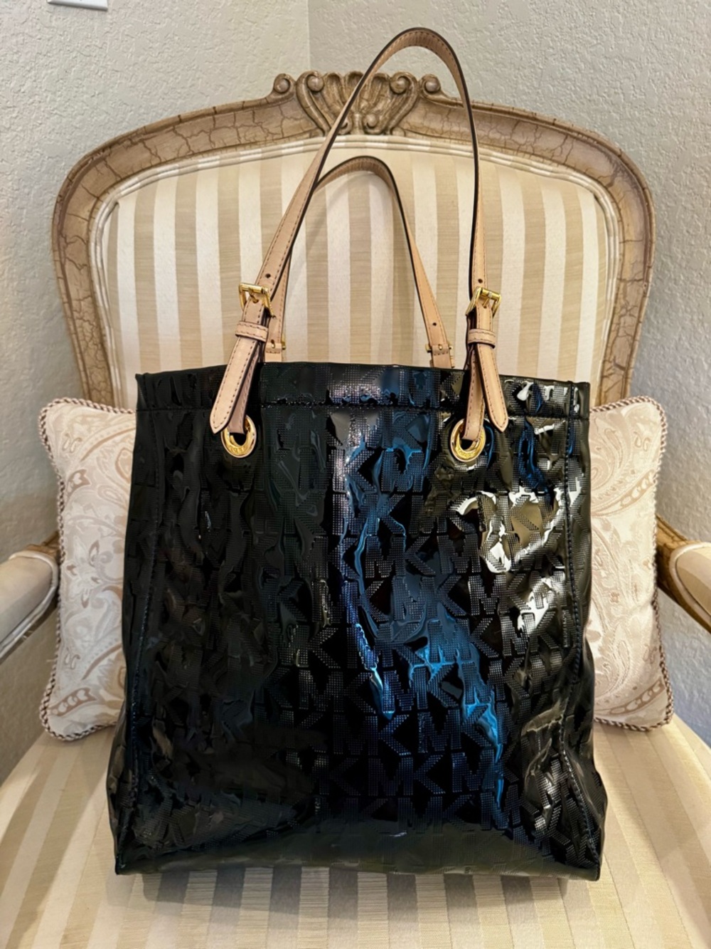 Michael Kors Black Patent Tote with Tan Handles